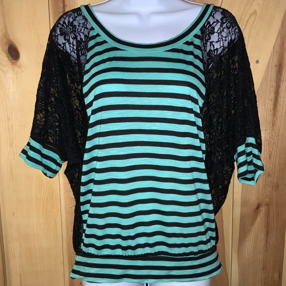 Daytrip Green and Black Striped Top with Lace Detail on Sleeves from Buckle